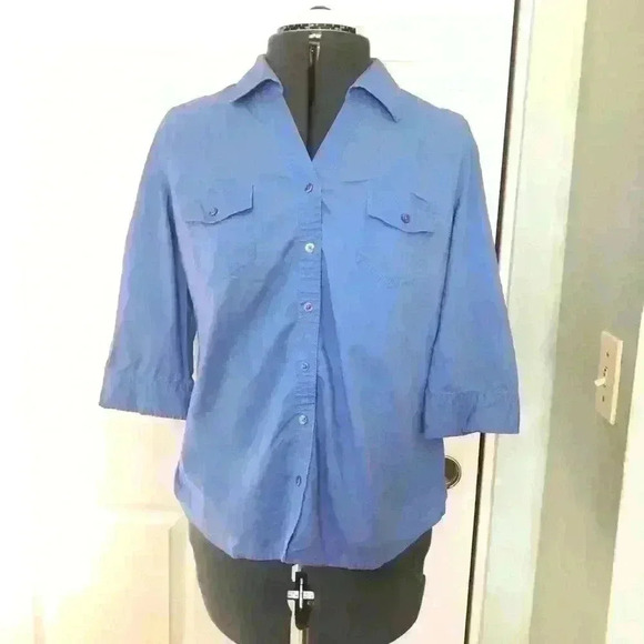 St Johns Bay Blue button down career women' s top Medium Petite - Picture 2 of 7